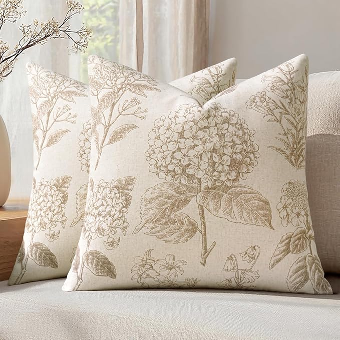 Set of 2 Decorative Floral Pillow Covers 18x18 Inch Tan Beige | Neutral by SWANCOCO