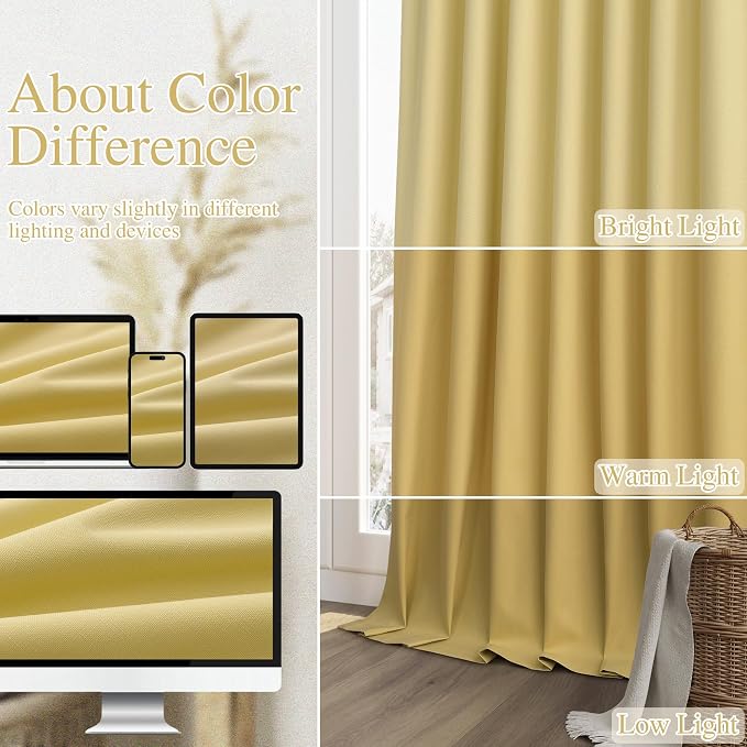 Yellow 100% Blackout Linen Curtains 96 Inch Length 2 Panels Set - Image 7