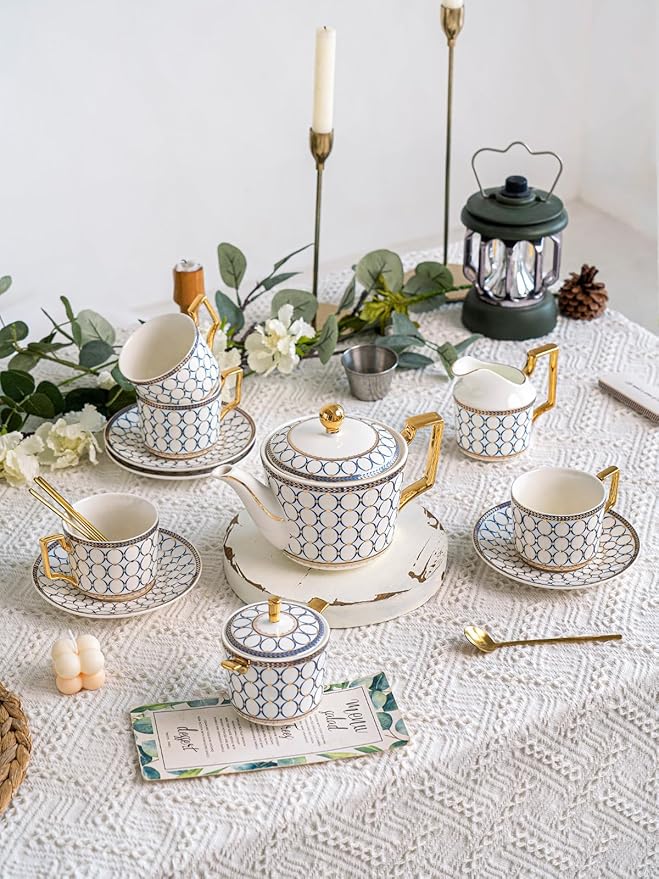 CwlwGO-European Style Ceramic Coffe Cup and Saucer Sets, 7 Oz Bone China Beautifully Glazed Blue Gold Tea Cup Set, Golden Spoon,Cappuccino, Latte, Suitable For Women's Gifts (4 pack)