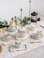 CwlwGO-European Style Ceramic Coffe Cup and Saucer Sets, 7 Oz Bone China Beautifully Glazed Blue Gold Tea Cup Set, Golden Spoon,Cappuccino, Latte, Suitable For Women's Gifts (4 pack)