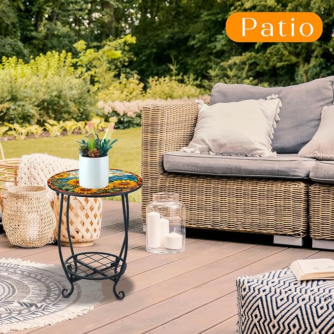 Cinnvoice Outdoor Side Table Round Small Mosaic Patio Accent Indoor End Plant - Image 5
