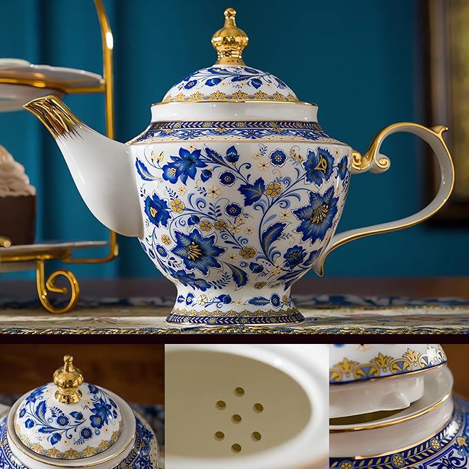 ACMLIFE Bone China Tea Set for Adults, Blue and White Tea Set for 4, Porcelain Vintage Floral China Sets for Women Party with Teapot or Gift Giving (Blue and White)