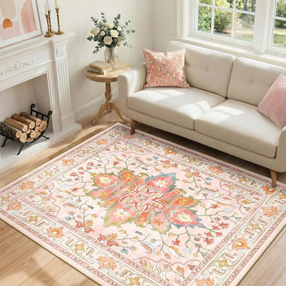 RELEANY Washable Area Rug, Water Repellent, Pet Friendly, Vintage Floral Boho by RELEANY