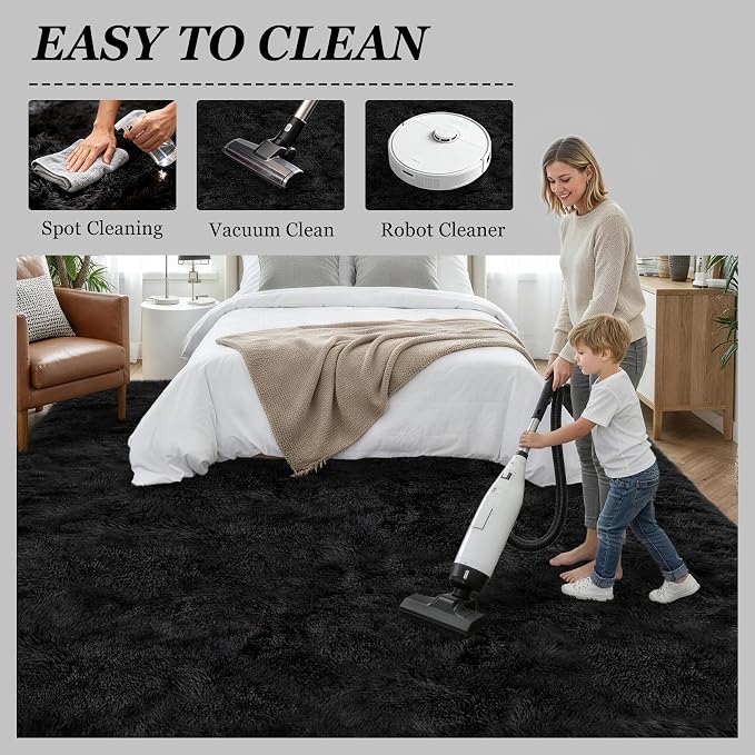 Area Rug Living Room Bedroom: 6x9 Fluffy Plush Shag Carpet Black | - Image 8