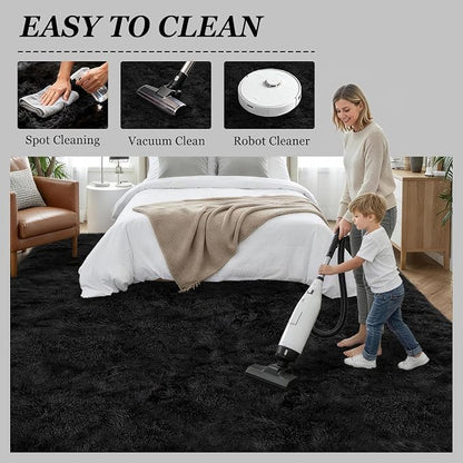 Area Rug Living Room Bedroom: 6x9 Fluffy Plush Shag Carpet Black | - Image 8