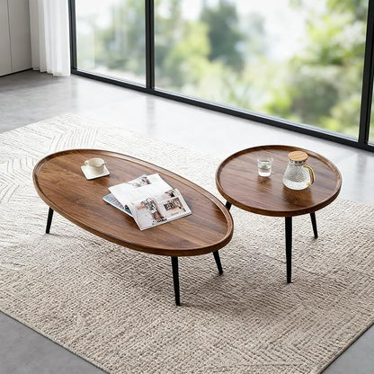 Garvee Nesting Coffee Table Set of 2, 2-Piece Walnut Coffee Tables, Mid Century - Image 8