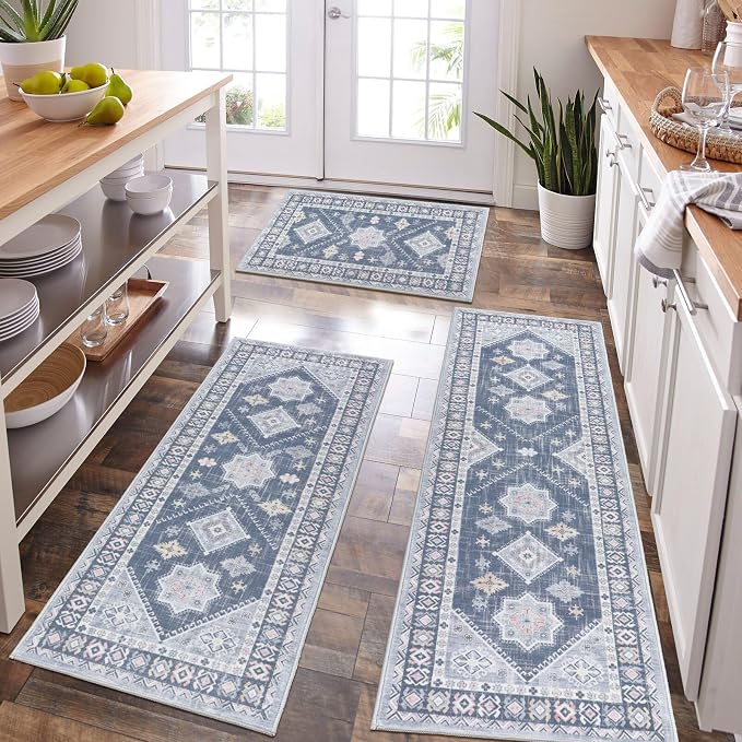 HEBE Boho Kitchen Rugs Set of 3, Non Slip Washable Kitchen Mats by HEBE