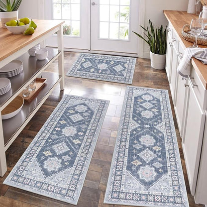 HEBE Boho Kitchen Rugs Set of 3, Non Slip Washable Kitchen Mats by HEBE