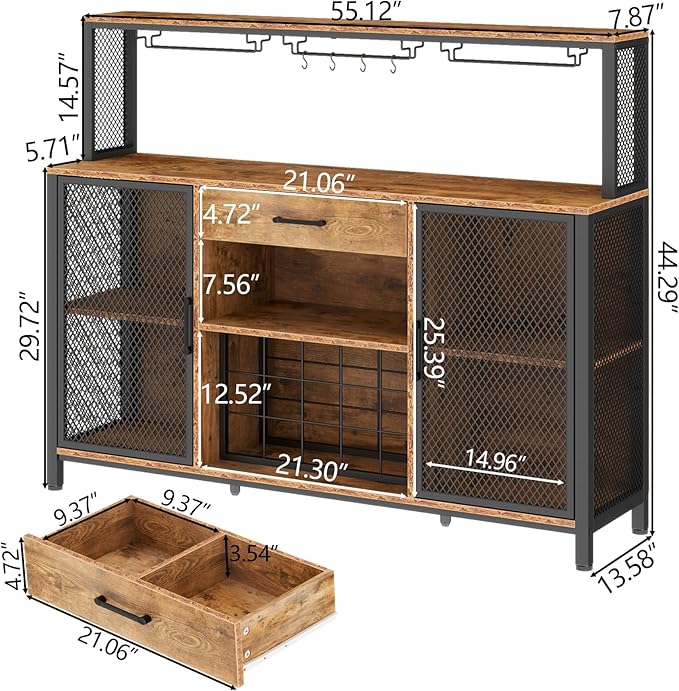 Wine Bar Cabinet with Drawer and LED Lights, 55 Inches Industry Coffee Bar Cabinet with Wine Rack and Glass Goblet Holder, Kitchen Sideboard Buffet Cabinet for Liquor and Goblet