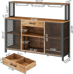 Wine Bar Cabinet with Drawer and LED Lights, 55 Inches Industry Coffee Bar Cabinet with Wine Rack and Glass Goblet Holder, Kitchen Sideboard Buffet Cabinet for Liquor and Goblet