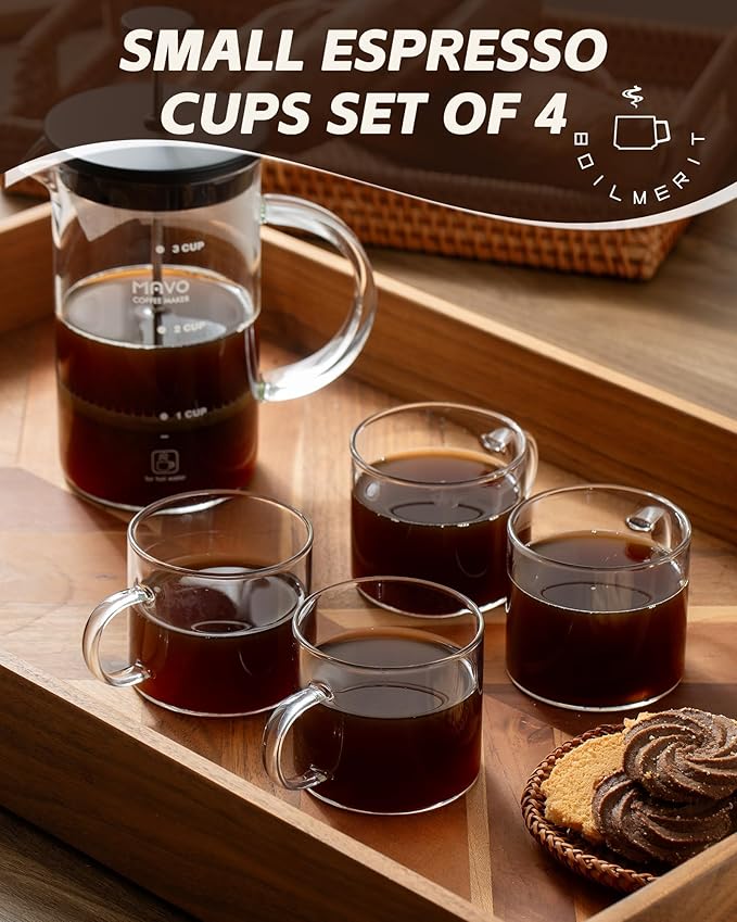 Espresso Cups Set of 4, 5 oz Small Shot Glasses with Handle, Clear Demitasse Mugs for Double Espresso or Tea, Coffee Machine Accessories