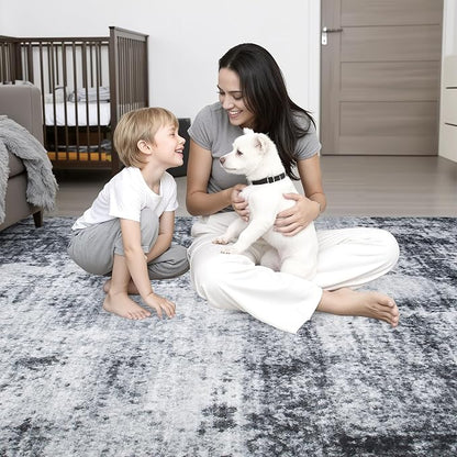 Round Area Rug Living Room: 5 ft Modern Washable Carpet Dark | - Image 7