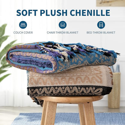 Boho Chair Cover Colorful Chenille Tassels Hippie Throw Blanket - Image 6