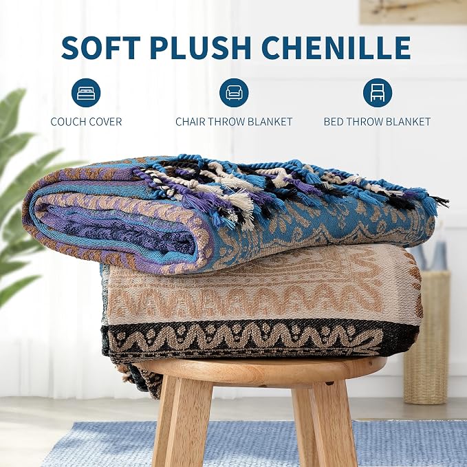 Boho Throw Blanket, Chenille Jacquard Tassels Throw Blankets - Image 8