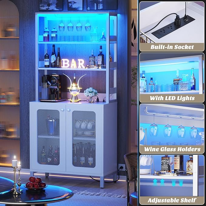 Aheaplus Bar Cabinet with Power Outlets, 67" Tall Wine Bar Cabinet Liquor Cabinet with LED Lights and Glass Holder, Coffee Bar Station for Living Room, Microwave Stand Bakers Rack Cabinet, White