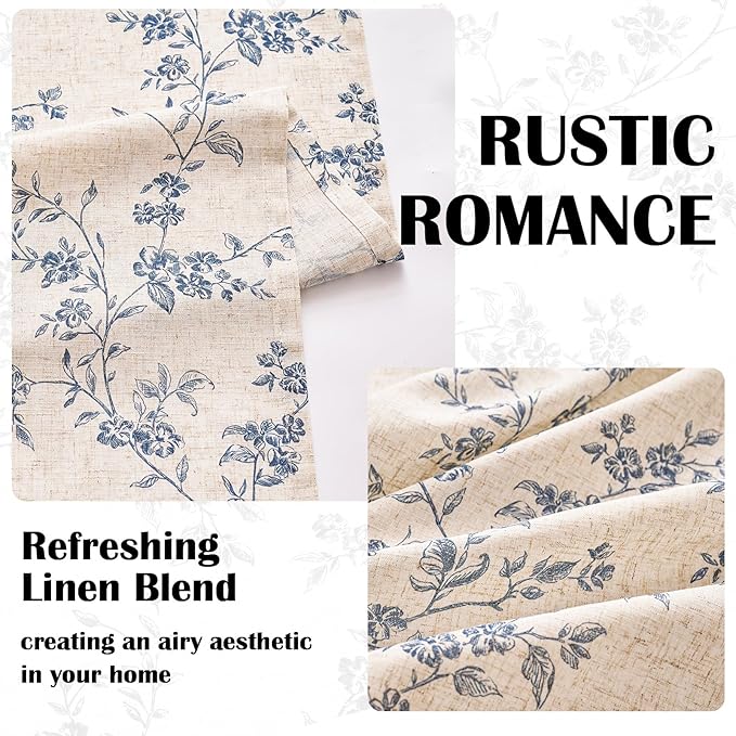 Blue Vintage Floral Linen Curtains Farmhouse 50W X 90L 2 Panels | Elisa Series - Image 4