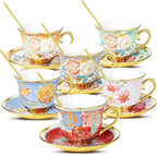 Tea Cups and Saucers Sets of 6, 8 Oz Floral Tea Cups with Spoons Ceramic Cup and Saucer Set for Cappuccino, Espresso, Coffee, Cafe, Latte, Tea for Tea Birthday