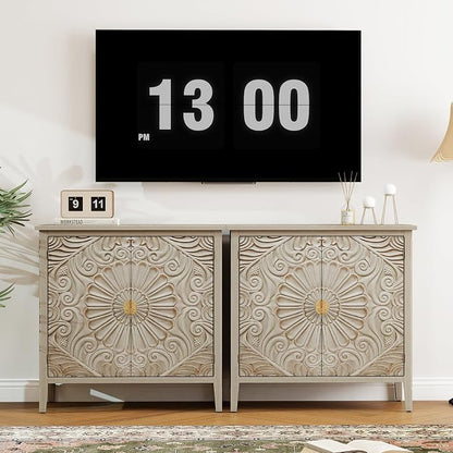 Carved Buffet Cabinet with Floral Pattern & Gold Handle, 31.5" W Distressed - Image 9