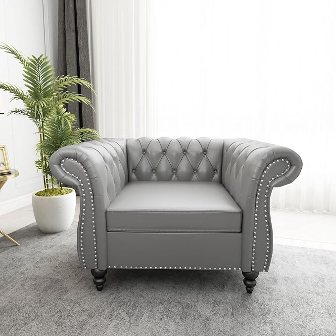 ORRD 3 Piece Living Room Set, Chesterfield Leather Sofa Loveseat Couch Chair - Image 4