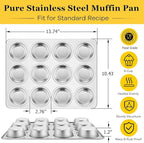 Homikit 1 Pack Muffin Pan, Stainless Steel Cupcake Tin with 12 Cups Regular Size, 13.8" x 10.4" Nonstick Metal Egg Bites Tray for Oven Baking, Non Toxic & Rust Free, Easy Release & Dishwasher Safe