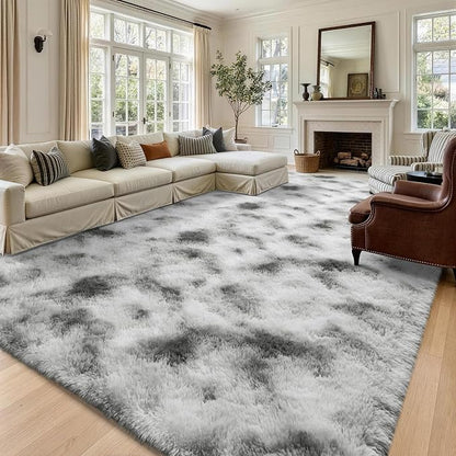 8x10 Extra Large Tie-Dyed Grey and White Fluffy Area Rug Non-Slip - Image 2