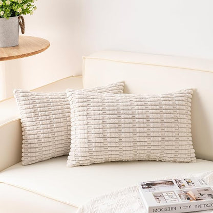 Pack of 2 Corduroy Decorative Throw Pillow Covers 12x20 Inch, Cream White | by Unknown