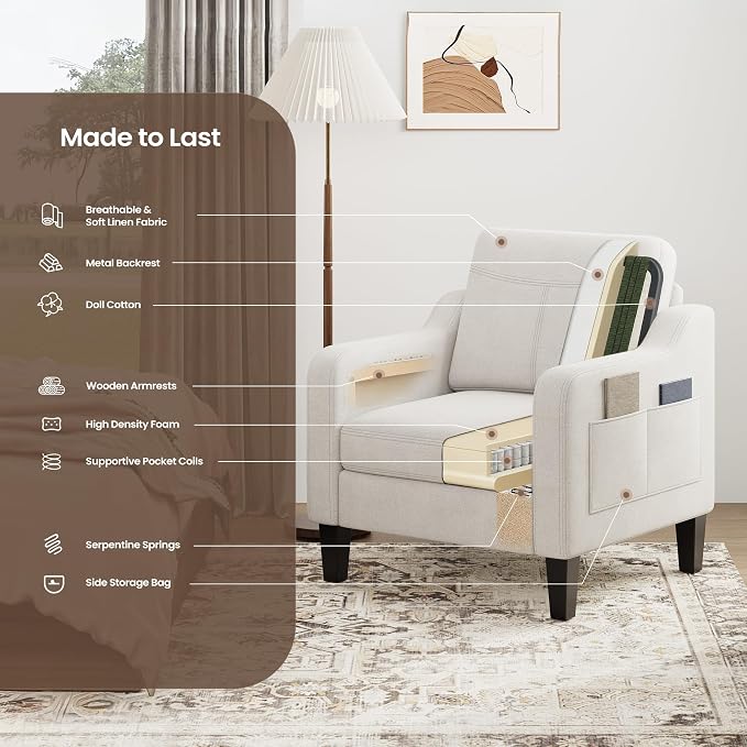 Accent Chair for Living Room Modern Linen Upholstered Armchair Side Wooden - Image 8