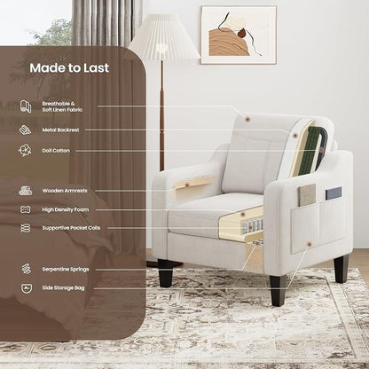 Accent Chair for Living Room Modern Linen Upholstered Armchair Side Wooden - Image 9