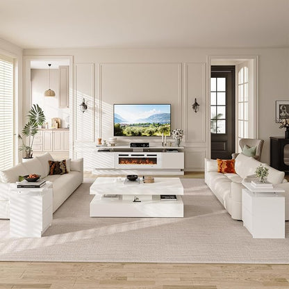 4-Piece Modern Living Room Table Set, Includes High Gloss 70" Fireplace TV Stand - Image 6