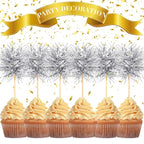 Chinco 100 Pcs Foil Firework Cupcake Toppers Sparkle Tinsel Cake Toppers Cake Decoration Cocktail Fruit Toothpick for Birthday Wedding Graduation Party(Silver)