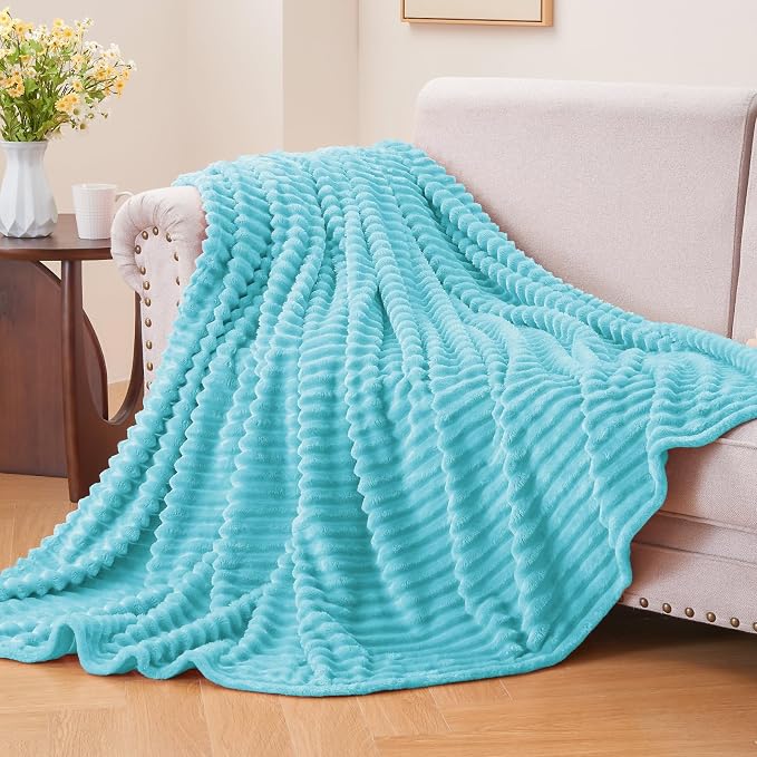 BEDELITE 3D Ribbed Light Blue Fleece Throw Blanket - Image 2
