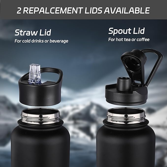 HASLE OUTFITTERS 40oz Stainless Steel Water Bottle, Vacuum Insulated Double Walled Leak Proof Sports Water Bottle with 2 Lids (Straw and Spout Lid) Thermo Mug Keep Cold and Hot(Black,4)