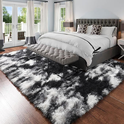 Amdrebio Black White Grey Large Furry Rug 9x12 - Image 3