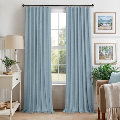 Slate Blue Curtains 108 Inches Long 2 Panel Burg 100% Blackout Boho Linen - Image 7