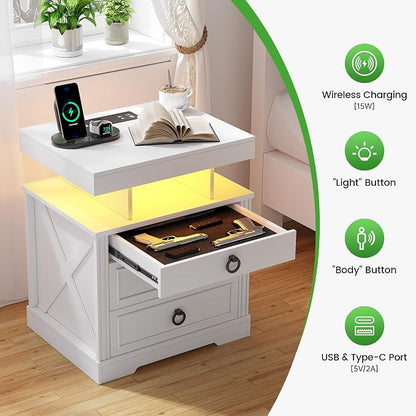 HNEBC Night Stand with Gun Drawers, Farmhouse Nightstand with Charging Station - Image 4