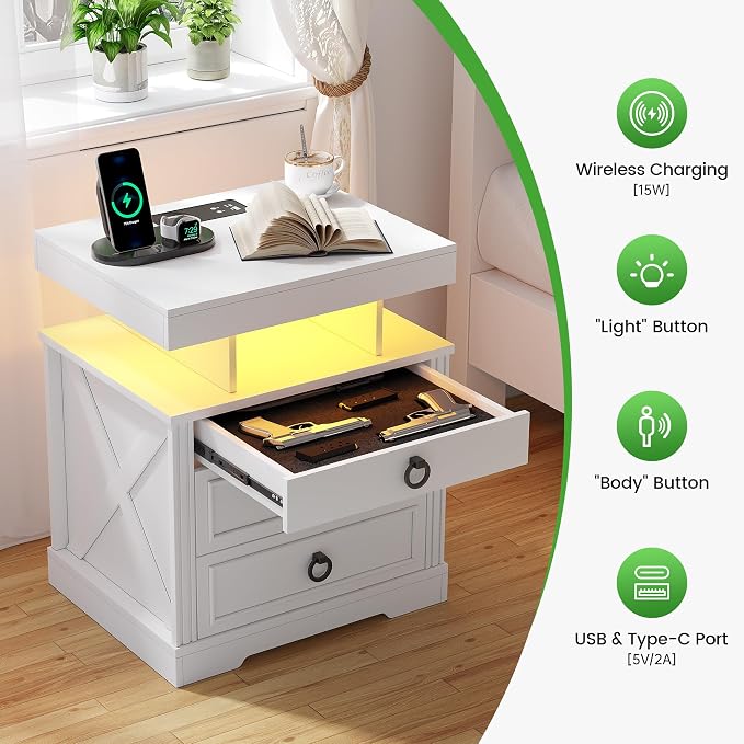 HNEBC Night Stand Set 2 with Gun Drawers, Farmhouse Nightstand with Charging - Image 4