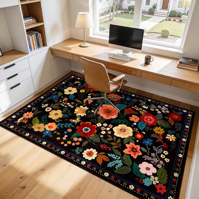 RELEANY Floral Washable 7x9 Area Rugs Black | Flower Carpet Print Boho Cute Non - Image 9