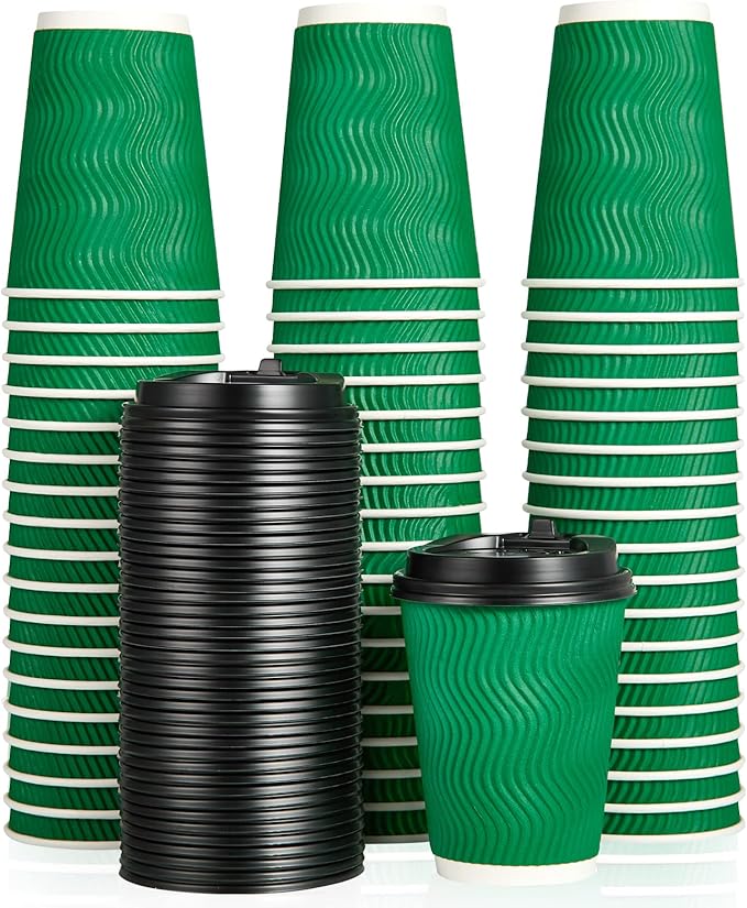 100 Count 12 OZ Coffee Cups with Lids, Insulated Ripple Wall Paper Hot Coffee Paper Cups for Hot Drinks