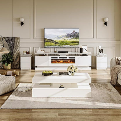 3-Piece Modern Living Room Table Set, Includes High Gloss 70" Fireplace TV - Image 3
