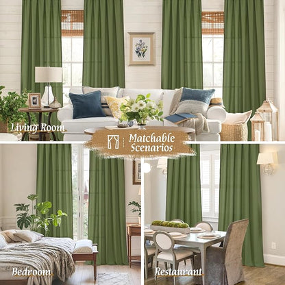 Olive Green Semi Sheer Linen Curtains 72 Inch Length - Image 6