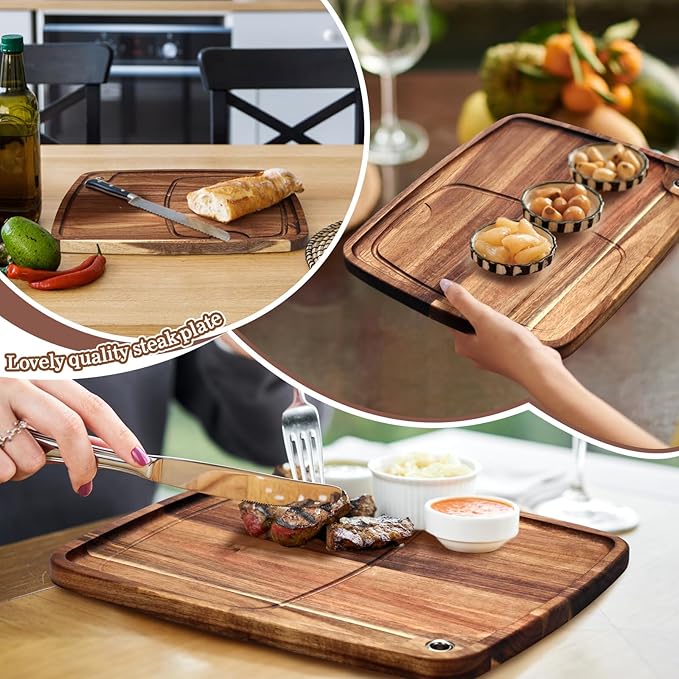 Uiifan 10 Pcs Steak Plates with Juice Channel Wooden Steak Board Set Acacia Cutting Serving Board for Home Serving Eating Meat Dishes Snack Dessert, 13 x 11 x 0.6 Inch