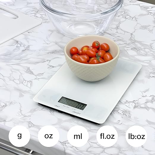 PantryPro Glass Platform Digital Kitchen Scale - 11lbs / 5kg Capacity - LCD Display g kg oz lb fl.oz ml - CR2032 Battery Included - Black