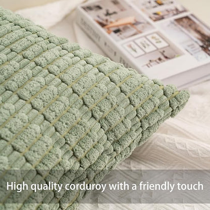 Pack of 2 Corduroy Decorative Throw Pillow Covers 22x22 Inch, Sage Green | Fall - Image 2