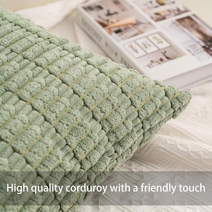 Pack of 2 Corduroy Decorative Throw Pillow Covers 26x26 Inch, Sage Green | Fall - Image 2
