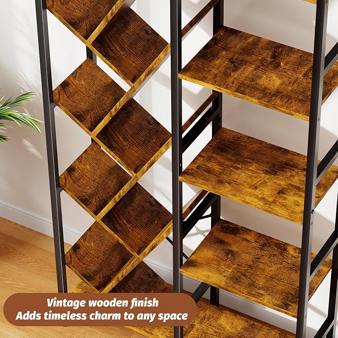 5-Tier Double Wide Bookshelf 67", Industrial Tree BookShelves, Vintage Storage - Image 7