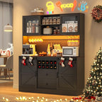 74" Tall 63" Wide Larg Bar Cabinet w/ Outlet,6000-color LED Light,Pegboard,Farmhouse Hutch Bar Cabinet w/Barn Door,2 Big Drawers,Adjustable Shelves,10 Wine & Glasses Rack,5 Hook for Kitchen,Black