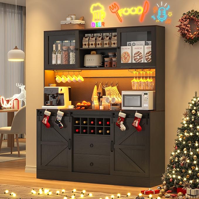 74" Tall 63" Wide Larg Bar Cabinet w/ Outlet,6000-color LED Light,Pegboard,Farmhouse Hutch Bar Cabinet w/Barn Door,2 Big Drawers,Adjustable Shelves,10 Wine & Glasses Rack,5 Hook for Kitchen,Black