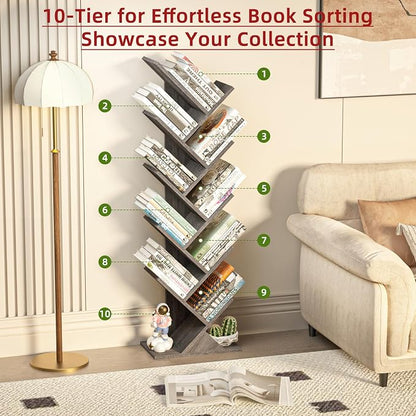 SHEEPAM 10 Tier Tree Book Shelf, Floor Standing Wood Bookshelf - Image 5