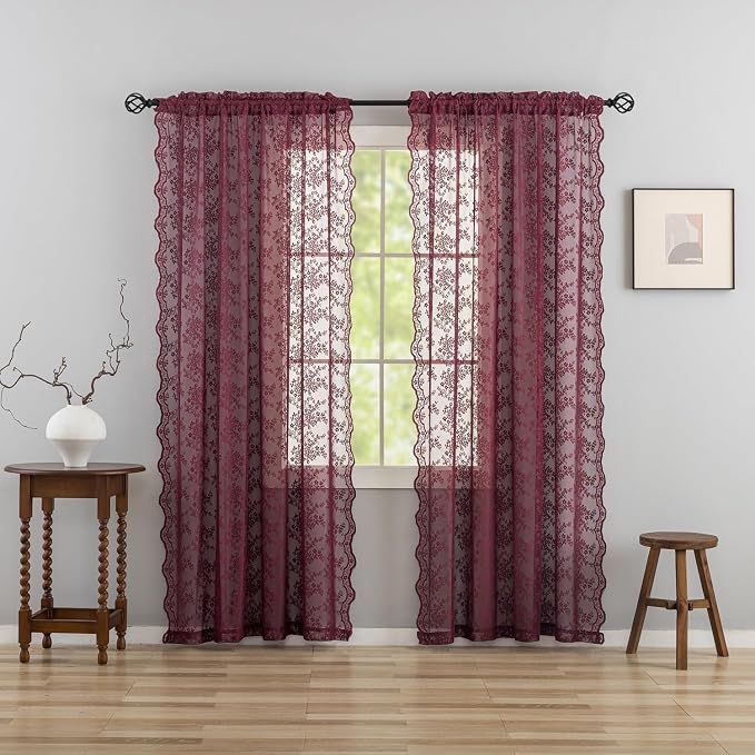 YJ YANJUN Vintage Lace Curtains 96 Inches Long-Victorian Floral Burgundy Xmas by YJYANJUN