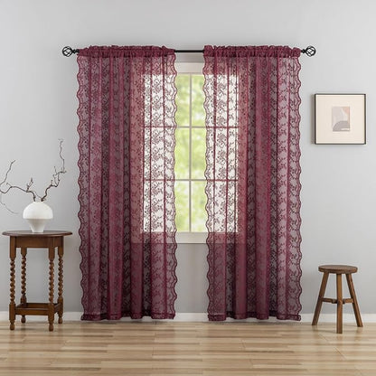 YJ YANJUN Vintage Lace Curtains 84 Inches Long- Elegant Floral Maroon Sheer - Image 6